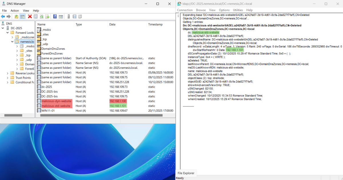 Comparison between an expired dynamic DNS record, which has been permanently purged from the directory, and a standard DNS record that still exists